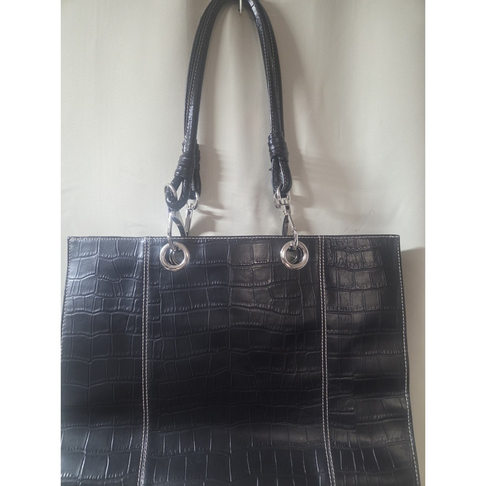 Wilsons Leather Women Handbag Black Leather Croc Embossed Inner Pockets Tote Bag - Picture 7 of 8